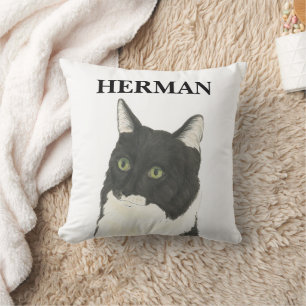 Personalized Black & White Ragamuffin Tuxedo Cat Throw Pillow