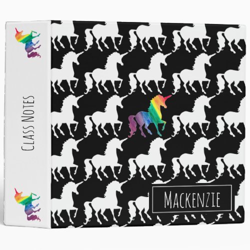 Personalized Black  White Rainbow Unicorn Pattern 3 Ring Binder