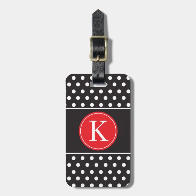 Personalized Black White Red Polka Dots Luggage Tag (Front Vertical)