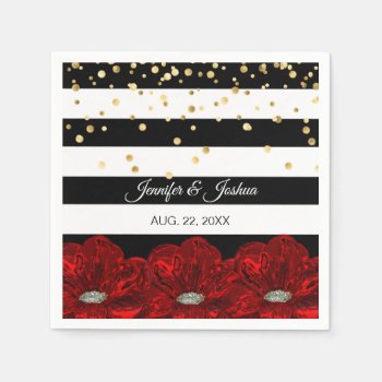 Personalized Black White Red Roses Gold Wedding Paper Napkins by UniqueWeddingShop at Zazzle