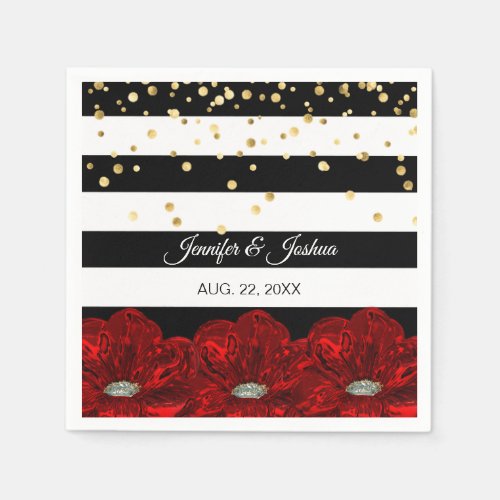 Personalized Black White Red Roses Gold Wedding Paper Napkins
