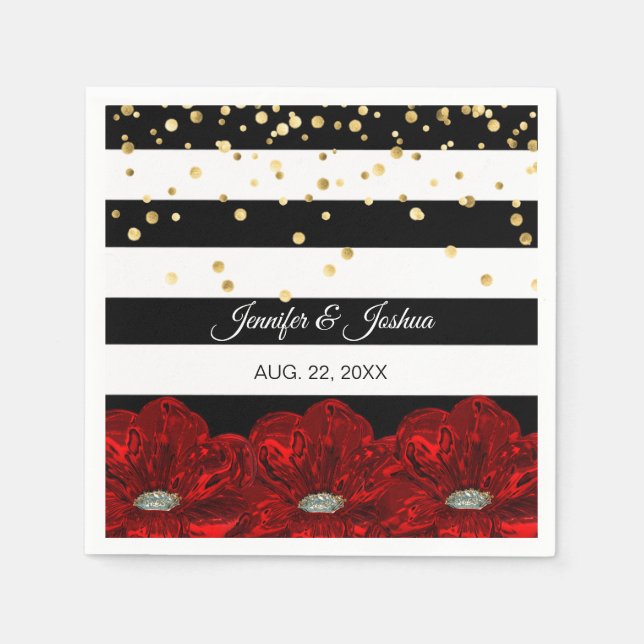 Personalized Black White Red Roses Gold Wedding Paper Napkins (Front)