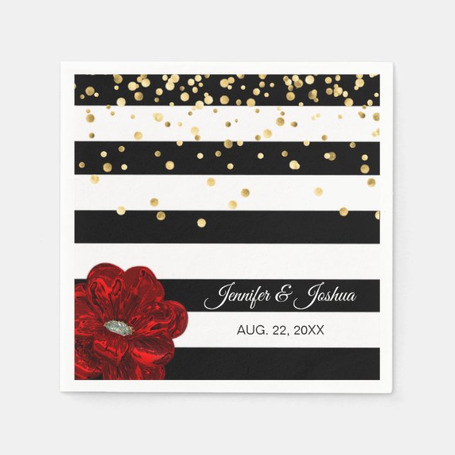 Personalized Black White Red Roses Gold Wedding Paper Napkins (Front)