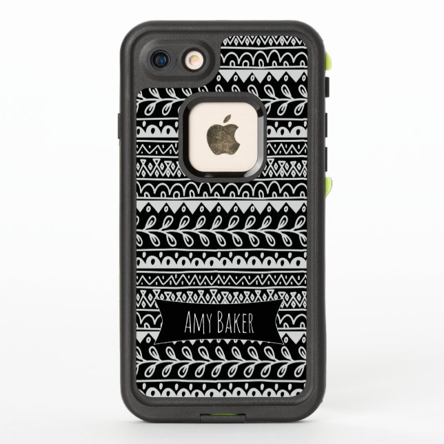 Personalized Black & White Rows of Doodle Patterns LifeProof iPhone Case (Back)