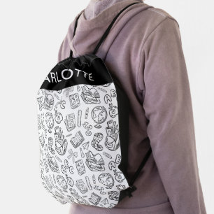 Personalized Black & White School Doodle Drawstring Bag