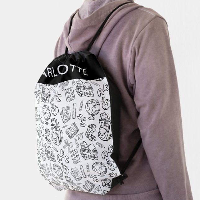 Personalized Black & White School Doodle Drawstring Bag (Insitu)