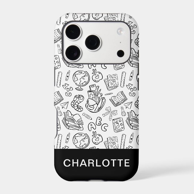 Personalized Black & White School Doodle iPhone Case (Back)