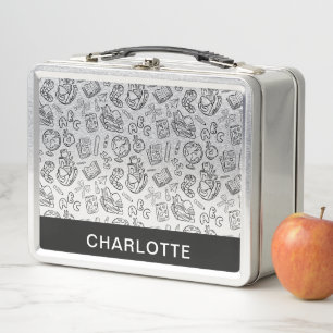 Personalized Black & White School Doodle Metal Lunch Box