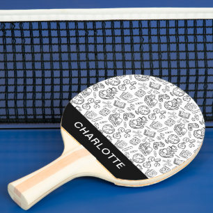 Personalized Black & White School Handdrawn Doodle Ping Pong Paddle