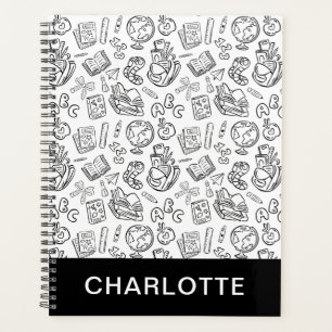 Personalized Black & White School Handdrawn Doodle Planner