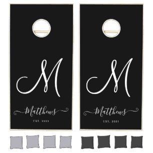 Personalized Black White Script Monogram Name Cornhole Set