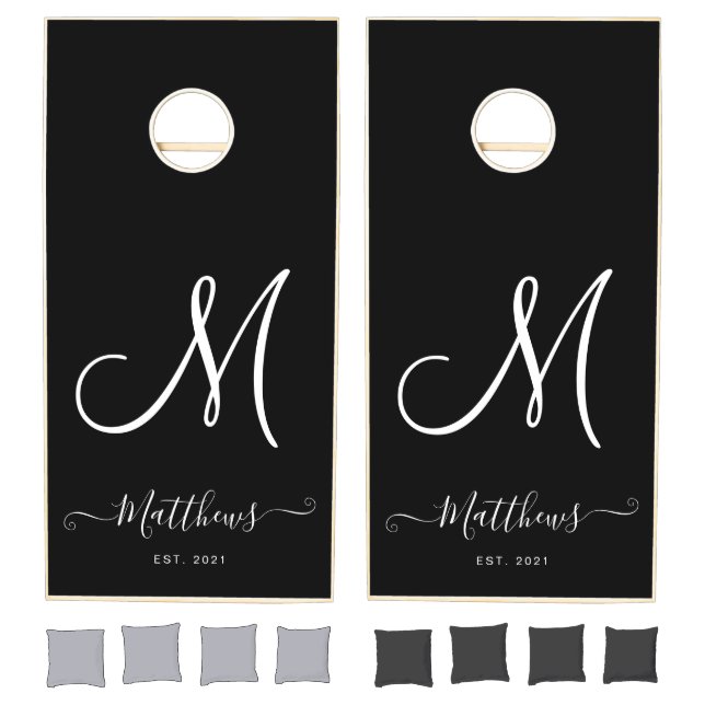 Personalized Black White Script Monogram Name Cornhole Set (Set)