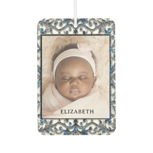 Personalized Black & White Scrollwork w/ Image Air Freshener (Front)