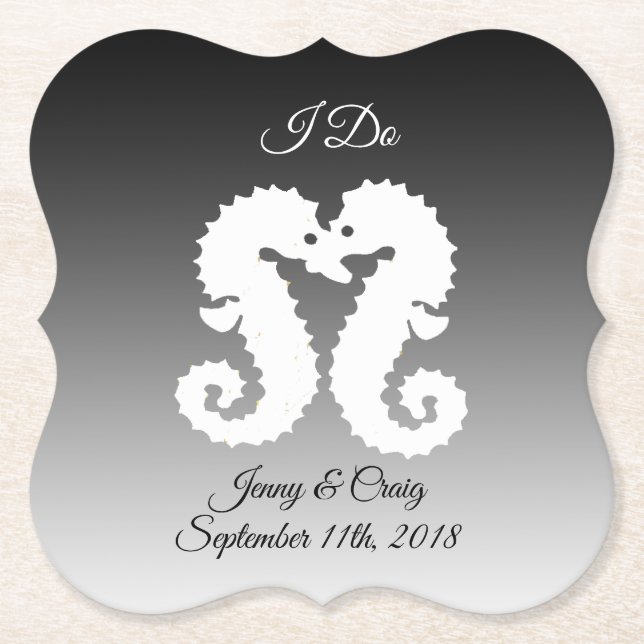 Personalized Black  White Seahorse Wedding Coaster (Front)