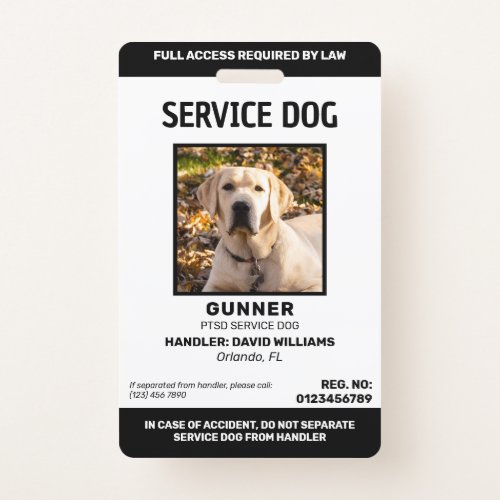 Personalized Black White Service Dog Photo Badge