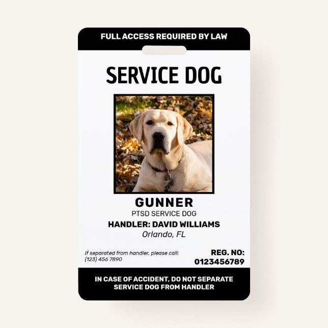Personalized Black White Service Dog Photo Badge (Front)