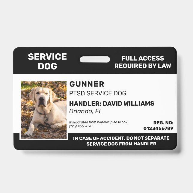 Personalized Black White Service Dog Photo Badge (Front)