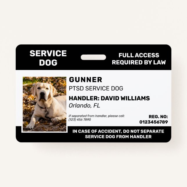 Personalized Black White Service Dog Photo Badge (Front)