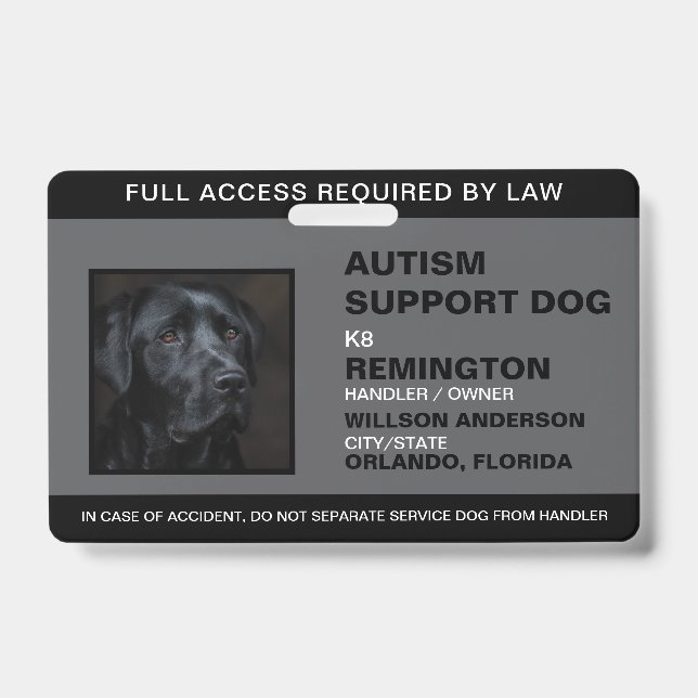Personalized black White Service Dog Photo ID Badge (Front)