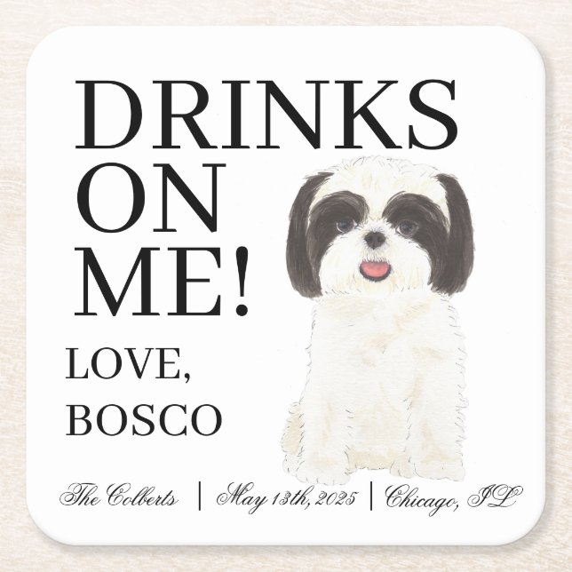 Personalized Black White Shih Tzu Wedding Square Paper Coaster (Front)