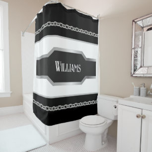 Personalized Black, White & Silver Metallic Shower Curtain