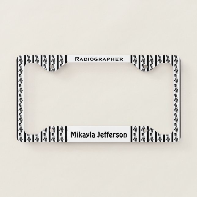 Personalized Black & White Skeleton Radiographer License Plate Frame (Front)