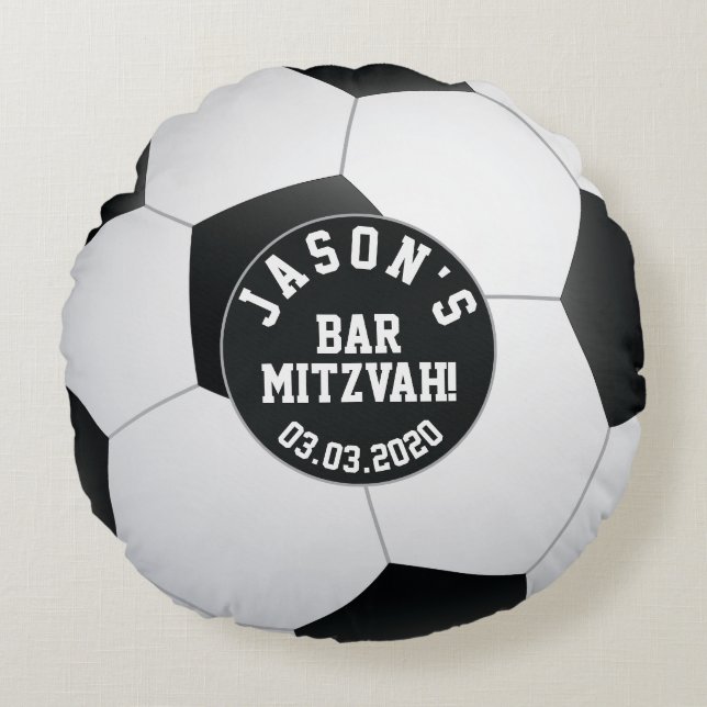 Personalized Black White Soccer Bar Mitzvah Round Pillow (Front)