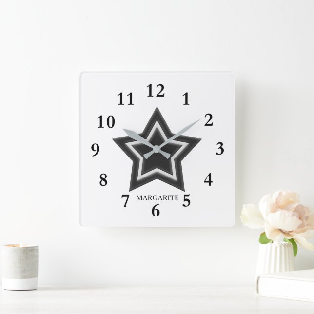 Personalized Black & White Star Square Wall Clock (Home)