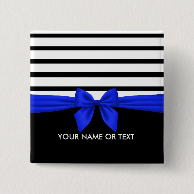 Personalized Black white Stripe Christmas Blue Bow Button (Front)