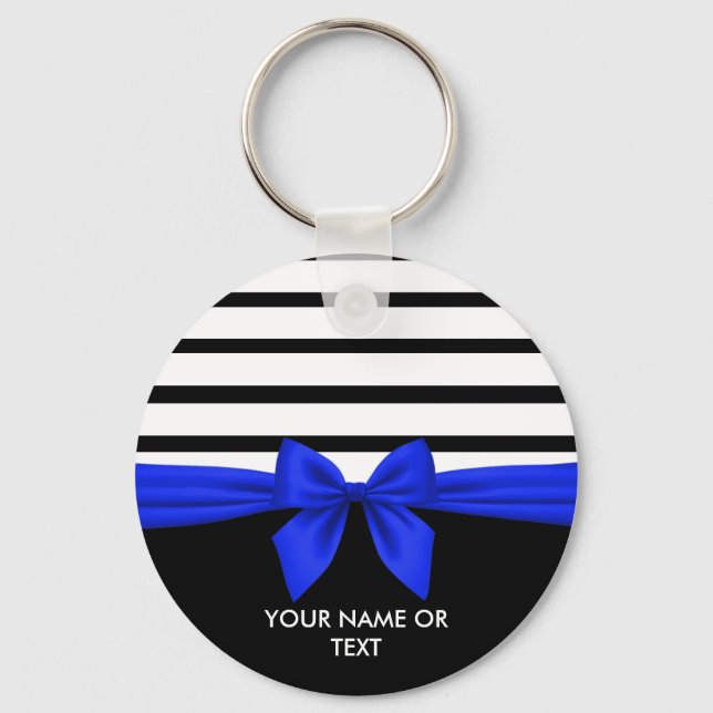 Personalized Black white Stripe Christmas Blue Bow Keychain (Front)