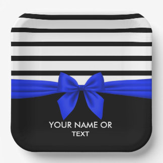 Personalized Black white Stripe Christmas Blue Bow Paper Plates