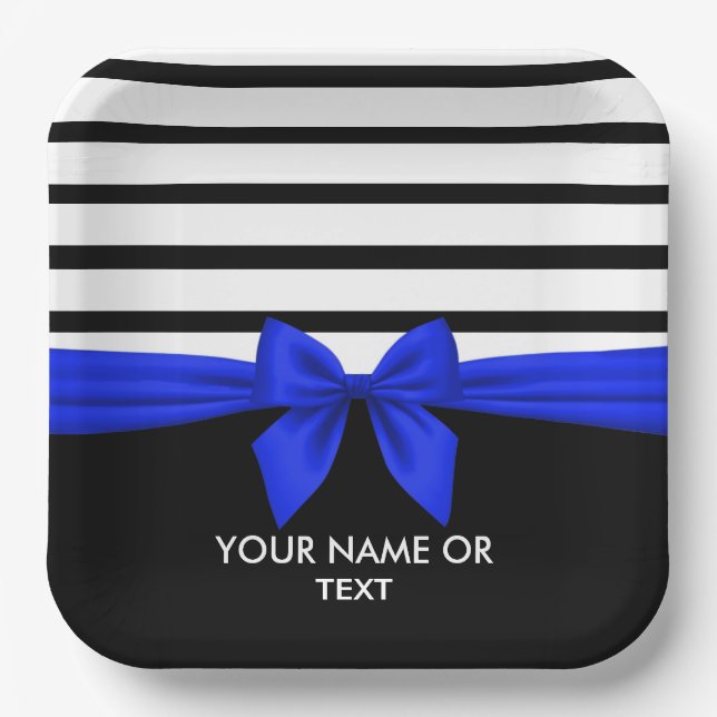Personalized Black white Stripe Christmas Blue Bow Paper Plates (Front)