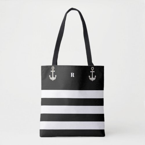 Personalized Black  White Striped Anchor Tote Bag