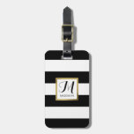 Personalized Black &amp; White Striped Gold Monogram Luggage Tag