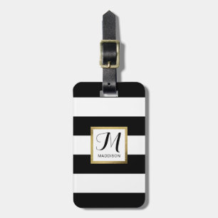 Personalized Black & White Striped Gold Monogram Luggage Tag