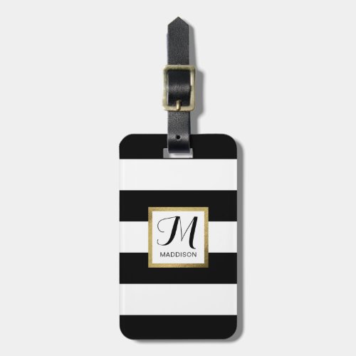 Personalized Black  White Striped Gold Monogram Luggage Tag