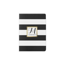 Personalized Black & White Striped Gold Monogram Passport Holder