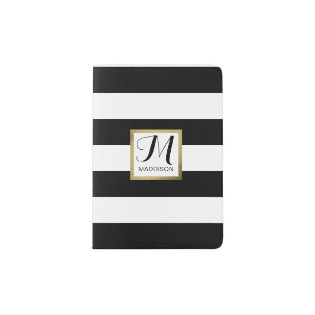 Personalized Black & White Striped Gold Monogram Passport Holder (Front)