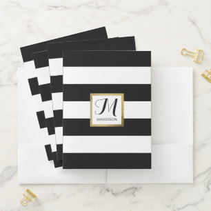 Personalized Black & White Striped Gold Monogram Pocket Folder