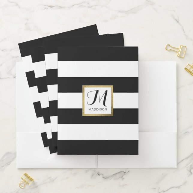 Personalized Black & White Striped Gold Monogram Pocket Folder (In Situ)