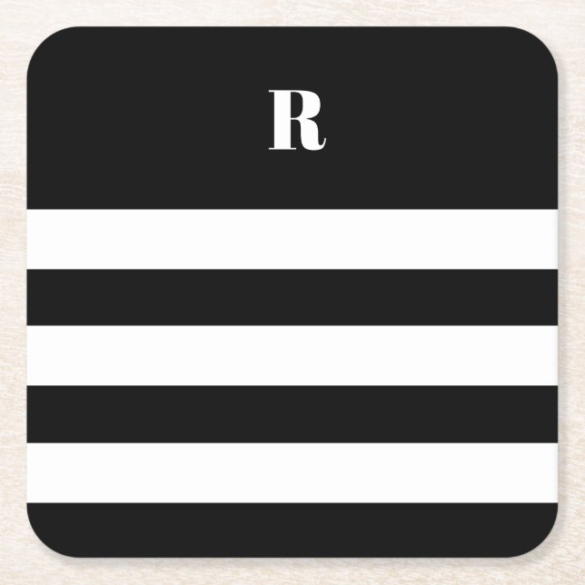 Personalized Black & White Striped   Square Paper Coaster (Front)