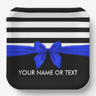 Personalized Black,white Stripes festive Blue Bow Paper Plates