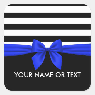 Personalized Black,white Stripes festive Blue Bow Square Sticker