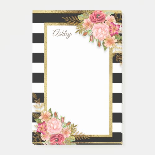 Personalized Black White Stripes Pink Gold Floral Post_it Notes