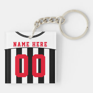 Personalized Black & White Stripes Soccer Jersey Keychain