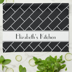 Personalized Black White Subway Tile Brick Kitchen Towel