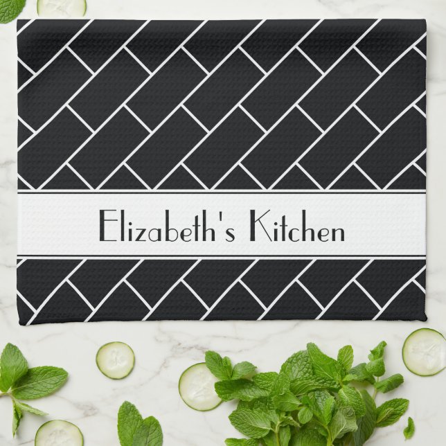Personalized Black White Subway Tile Brick Kitchen Towel (Folded)