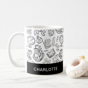 Personalized Black & White Teacher School Doodle Coffee Mug