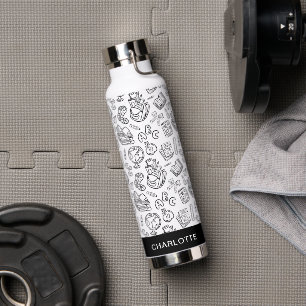 Personalized Black & White Teacher School Doodle Water Bottle