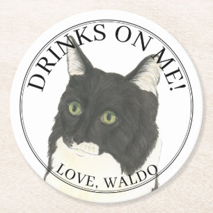 Personalized Black & White Tuxedo Ragamuffin Cat Round Paper Coaster